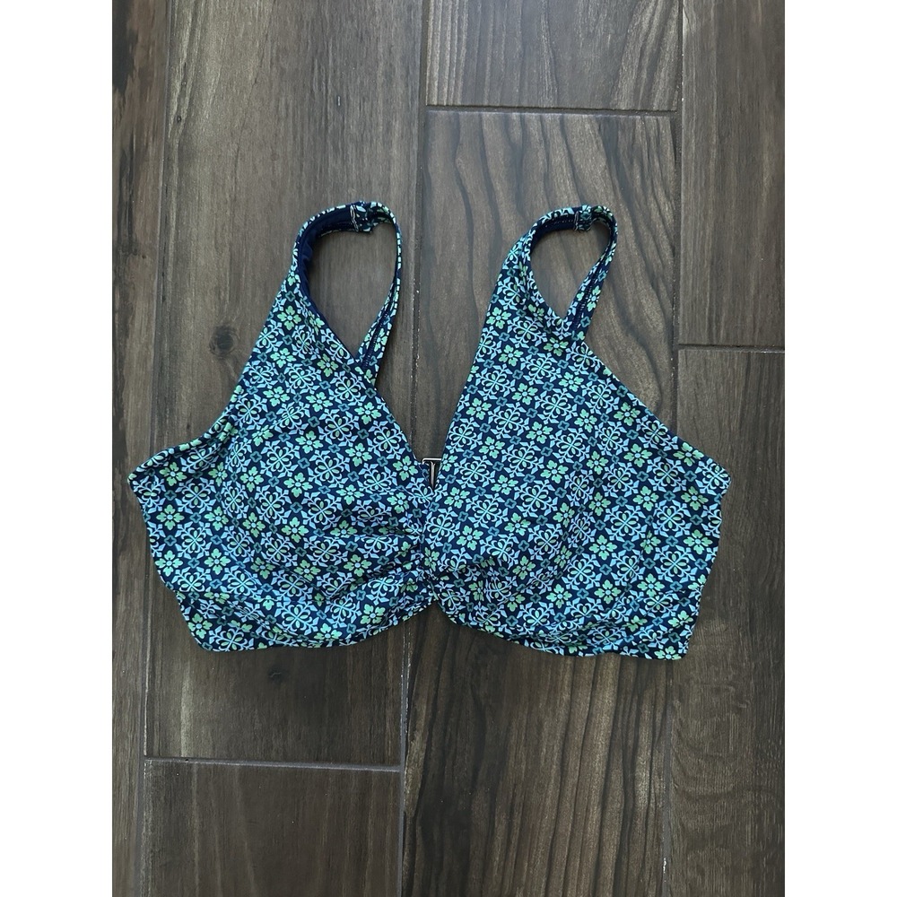 Lands End Bikini Top Womens Size 18W Blue Green Floral Twisted Front Underwire